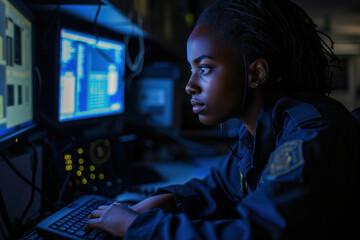 Female professional sitting at desk with dual monitors and keyboard, working in office environment