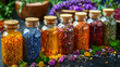 Bottles of tincture or potion and dry healthy herbs