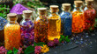 Bottles of tincture or potion and dry healthy herbs