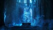 Una espada mística canaliza el poder crudo de lo arcano, su corazón late con energía azul eléctrica, en la silenciosa majestuosidad de una catedral gótica que resuena con los susurros de la magia.