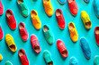 colorful shoes on a turquoise background