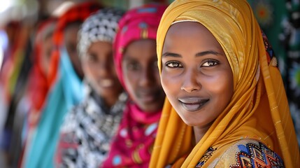 Wall Mural - Women of Somalia. Women of the World. A group of women wearing colorful traditional headscarves with focus on one smiling woman in the front #wotw