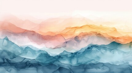 Poster - A painting of mountains with a blue and orange sky. The mountains are painted in different shades of blue and orange, creating a sense of depth and movement
