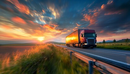 Wall Mural - Blurred truck on road beautiful sunset