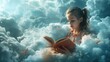 Whimsical Imagination: Girl Reading Among Clouds and Birds Generative AI