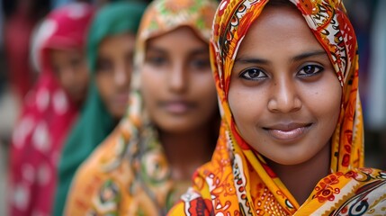 Wall Mural - Women of Bangladesh. Women of the World. A portrait of a smiling woman in traditional clothing with several people in the background  #wotw