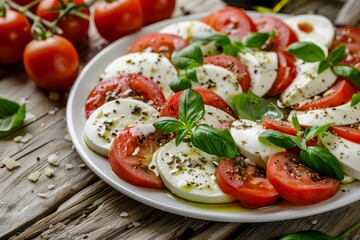 Poster - Caprese salad with mozzarella tomato basil oil vinegar on white plate wooden table