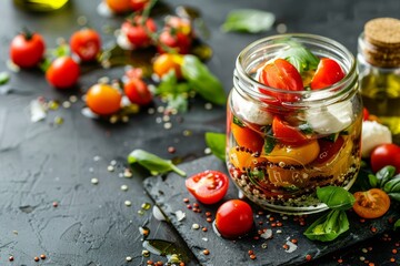 Wall Mural - Caprese salad with quinoa tomatoes mini mozzarella basil in jar with olive oil Italian healthy food idea