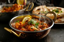 Chicken Curry In Balti Dish With Steam Naan Bread Lemon On Black Background With Space For Text Focus Front To Back