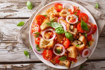 Wall Mural - Classic Italian panzanella salad with fresh ingredients on white plate shot from above on wooden table