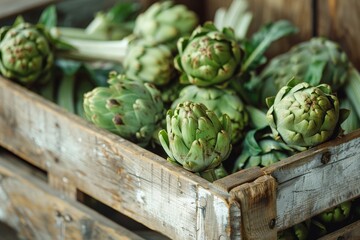 Wall Mural - Close up of artichokes in wood box