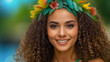 young woman with floral decoration on her head, tanned skin tone, nature with water and greenish, smiling smile, mother nature or tropical south american woman