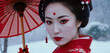 Japanese geisha with white light skin and red traditional dress and parasol, close-up, red dot, Japanese Chinese or Korean fictional