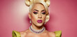 drag queen blonde dyed hair, pink background, thoughtful facial expression or doubt or strength and self-confidence
