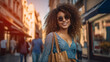 an African American or Brazilian Latina woman, age 30 to 40, curly hair, sunglasses, in a city strolling and shopping, handbag over her shoulder, smiling happily, everyday life