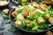 Tasty caesar salad with parmesan homemade croutons and dressing