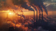 a factory with smoking chimneys against a sunset sky,