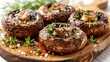 Baked Champignons with Chopped Parsley on Wooden Plate