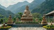 Stone Statue of Buddha in Tibetan Temple Courtyard - Spiritual Decoration