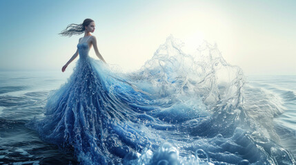 Goddess of fairy in magical glittering blue dress walks on water