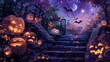 Magical Halloween night scene with glowing pumpkins and bats, great for fantasy themes.