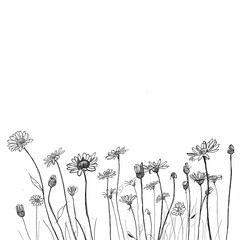 Field with daisies. Daisies minimalistic drawing with black pen. Wild chamomile. Line style. Isolated on white background.