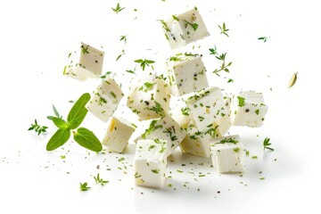 Sticker - Greek feta cubes with herbs and spices soft cheese diced on white background