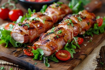 Wall Mural - Grilled pork wrapped in bacon with garnish on wooden board