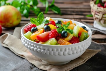 Sticker - Healthy fruit salad in white bowl diet breakfast weight loss concept