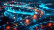 © Sara_P - Digital transportation network illuminated by neon blue depicting the seamless flow of futuristic mobility