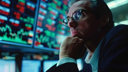 Poster - Businessman in Suit and Glasses Analyzing Computer Screen