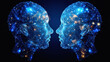 Two glowing blue digital human profiles facing each other showcasing complex neural networks and artificial intelligence technology.
