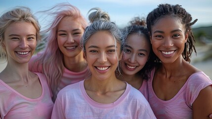 four diverse women wearing pink t-shirts adorned with cancer ribbons as they stand together, smiling under the clear blue sky on a sunny day, radiating hope and solidarity.