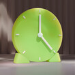 A green 3D clock with transparency show time. A minimalistic clock with soft sunlight on a brown background. Vector illustration