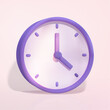 Translucent 3D purple clock, minimalist style, symbolizes time management. Circular time icon, business concept.