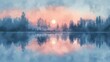 Sunset Serenity at a Misty Lake Watercolor Scene