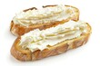 Isolated baguette slice with cream cheese on white background