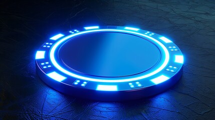 Illustration depicting a casino chip its edges aglow with neon blue highlighting the risks and rewards in technology