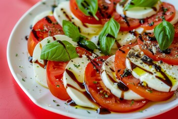 Wall Mural - Italian Caprese salad with Mozzarella and Tomato on white plate low carb diet red background