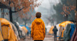 A lonely boy stands in the middle of a refugee camp. Emigrants refugees, Global refugee crisis concept, tent camp for refugees. Generative ai