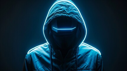 Illustration depicting a hooded digital hacker his presence aglow with neon blue highlighting the stealth in technology