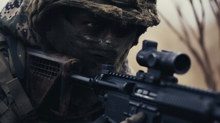 Close-up of a soldier in camouflage, helmet, and mask, focusing intently as he aims his rifle, captured in sharp 4k