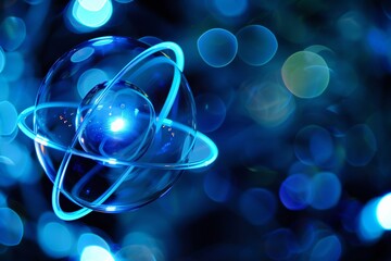 Wall Mural - Illustration depicting an atom its electrons aglow with neon blue highlighting the quantum leap in tech exploration