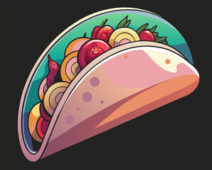 Wall Mural - Colorful and vibrant cartoon taco illustration with delicious and savory mexican street food concept. Featuring stuffed tortilla with ingredients such as tomatoes. Lettuce. Chicken. Beef. Peppers