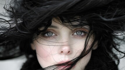   A tight shot of a woman's face Long black hair cascades above her head Blue eyes gaze directly