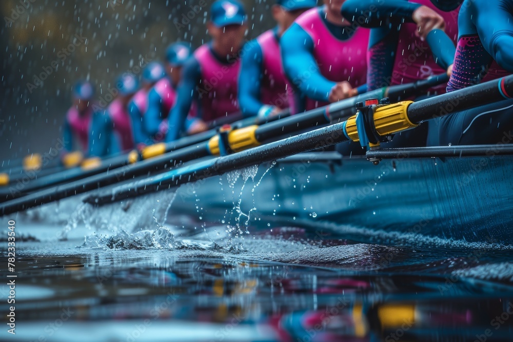 Beating The Rowers Rowers in pink and blue rowing in the rain Stock Photo | Adobe Stock