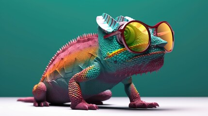 Wall Mural - chameleon wearing sunglasses on a solid color background