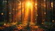   The sun brightly shines through forest trees, their leaves rustling against grassy floor Foreground features yellow tree lights