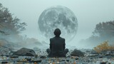   Person on rock before foggy forest's full moon Moon completely fills background