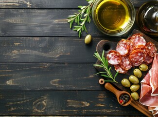 Sticker - Top view of prosciutto wine olives and olive oil on wooden table with copy space